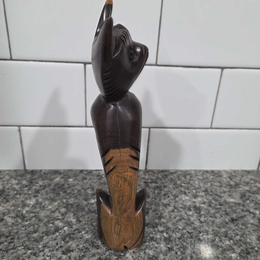 Wooden Carved Cat Figurine - Dark Brown - Picture 3 of 10